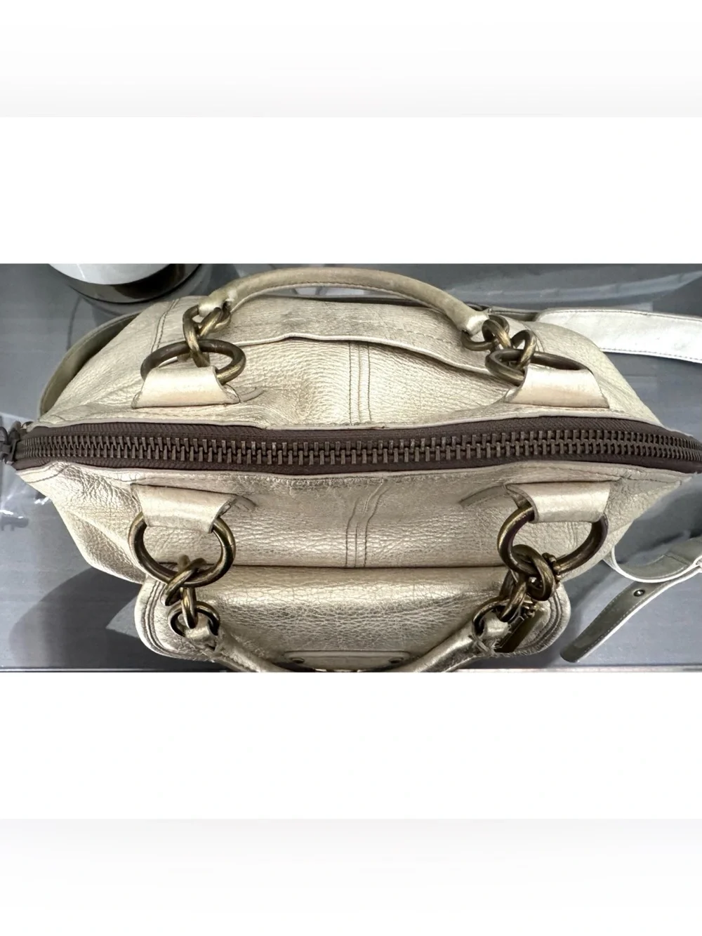 COACH Legacy Francine Domed Pearlized Ivory/ Champagne Metallic Leather Satchel